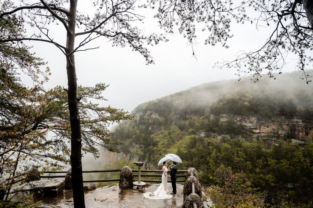 a bride and groom holding umbrellas on a cliff overlooking a valley